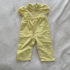 Vintage Sunny Yellow Short Sleeve One Piece Embroidered Pink&Blue Ducks